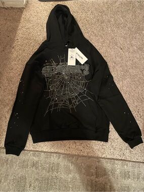 Spider 5 Studded Rhinestone Web Hoodie – Black (Size M)